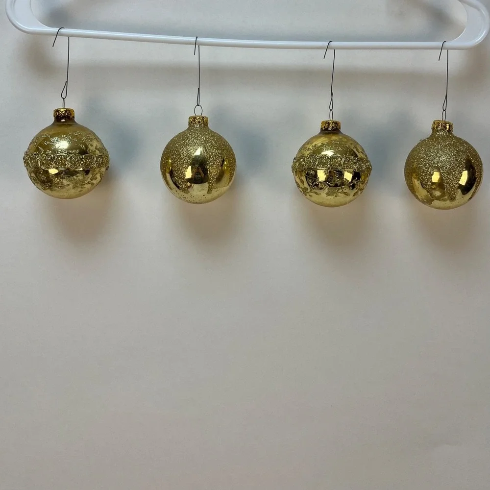 Vtg  Victoria Collection Gold Glitter‎ Glass Christmas Ornaments- 2 Boxes